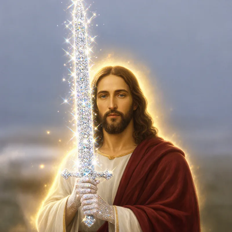 Jesus holding a diamond sword with diamond hands